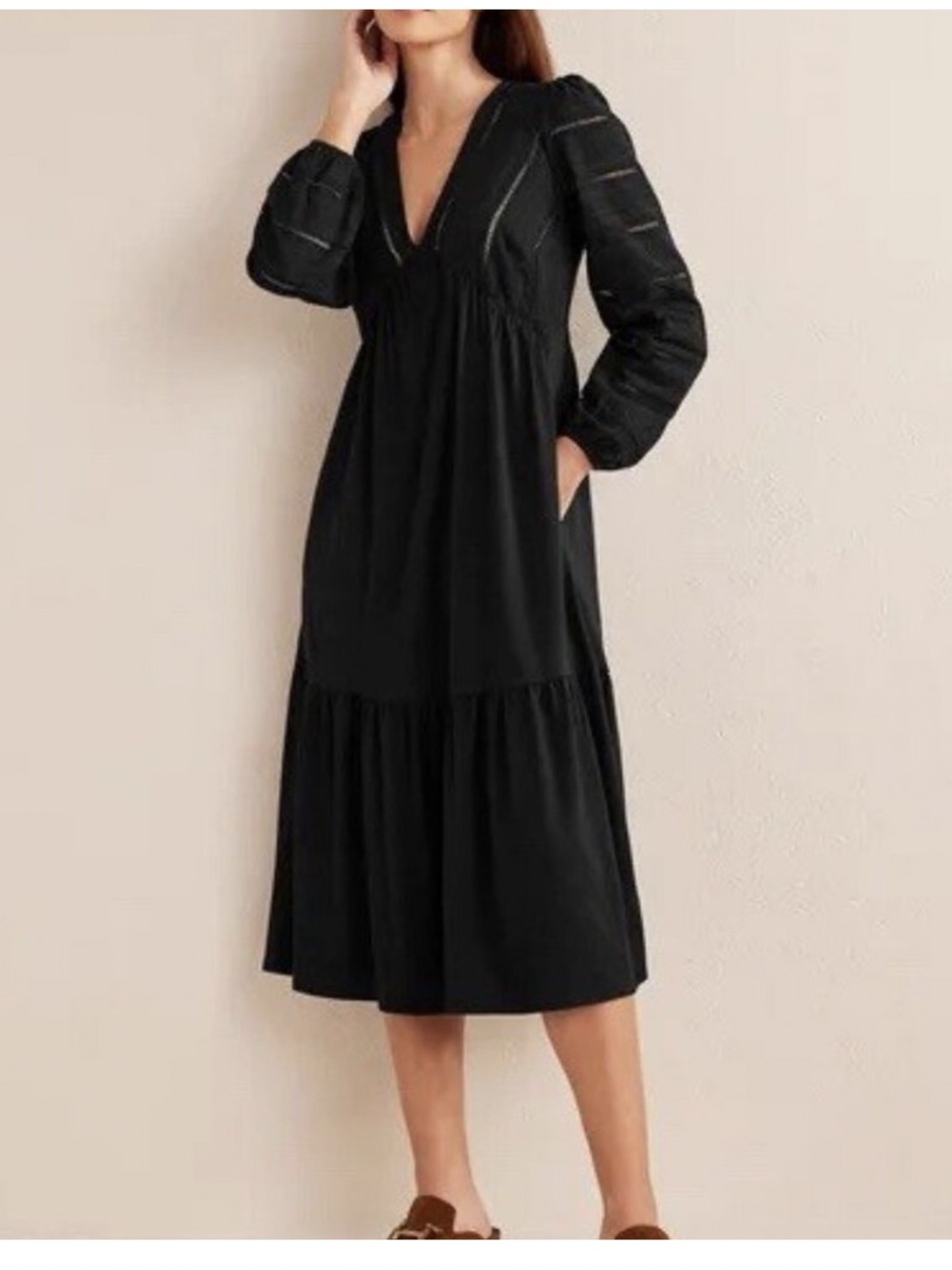 BODEN Black Woven Eyelet Mix Midi Jersey Dress